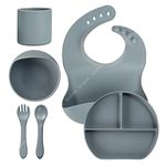 BAYBEE Silicone Baby Feeding Set Of 6 Pcs Solid Tableware Kit For Toddler Kids|Food Grade Bpa Free&Microwave Safe Divided Plate With Adjustable Feeding Bib,Water Cup,Suction Bowl Spoon&Fork(Grey)