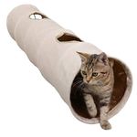 LeerKing Non Crinkle Cat Tunnel 47"(L) Dia 9.5" Rabbit Tunnels 2 Windows Quiet Interactive Toys for Guinea Pigs, Bunny, Kitten Beige