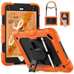 Timecity Kids Case for iPad Mini 5 2019/ Mini 4, Full-Body Shockproof Protective Tablet Cover with Screen Protector, Rotating Stand, Hand and Shoulder Strap for iPad Mini 7.9 Case-Black/Orange