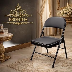KRISHTHA Metal Folding Chair with Soft Cushioned Leatherette Seat | Foldable Chair for Home, Office, Study, Balcony, Kitchen & Restaurant | Space Saving Portable Steel Chair | Black