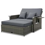 Tangkula Patio Rattan Daybed Set, Wicker Loveseat Sofa w/Multipurpose Ottoman & Retractable Side Tray, 4-Level Adjustable Backrest, Footstool w/Storage, Seat & Back Cushion Included (Dark Grey)