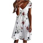 AMhomely Summer Dresses for Women UK Clearance Party Elegant Casual V-Neck Solid Color Loose Elastic Short Sleeve Dress Skirt Ladies Maxi Dresses Plus Size Petite Sexy Dress UK Size