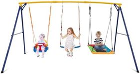 Maxmass Kids Swing Set, Metal Swing Frame with Nest Swing & Belt Swing, Outdoor Kids Swing Playset for Garden Playground (Yellow Swing Frame and 3 Swings)