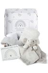 Baby Box Shop - 5 Newborn Essentials Ideal as Baby Shower Gifts and Christening Baby Gifts Unisex, Includes a Grey Elephant Baby Comforter, Fleece Blanket, 2X Muslin Cloths & Gift Message Card