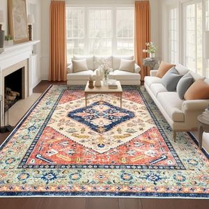 Roxstand Area Rugs 5x7 for Dining Room, Washable Rugs Under Table, Bed, Super-Soft Floral Vintage Area Rug for Living Room, Low Pile Stain Resistant Anti Slip Backing Rug (Red/Navy/Green, 5'x7')