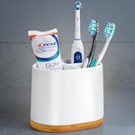 DAILY RITMO® Large Toothbrush Holder with Bamboo Base | for Electric and Kids Tooth Brushes | Unique Minimalist Aesthetic White Ceramic Marble Like Comb, Makeup Brush, Toothpaste Cup