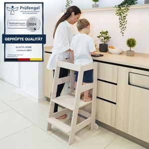 Alavya Home® Lernturm Montessori NEO - Stehhilfe für Kinder | Hocker Küchenhelfer, Kippschutz aus Buchenholz Höhenverstellbar | Learning Tower | ab 1 Jahr bis 70 Kilo belastbar - Beige/Greige