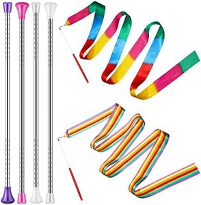 4 Pcs Twirling Batons Center Balanced Batons for Twirling 22 Inch Steel Kid Baton with 2 Colorful Dance Ribbons Rhythmic Gymnastics Ribbon for Kids Girls Marching Band, Gymnastics, Dance Performance