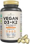 Premium Vegan D3 K2. 5000 iu Vitamin D from Algae. 100mcg All-Trans MK7 Vit K. 120 Plant-Based Carrageenan Free Softgels. Blended with Organic Coconut Oil. NO Lanolin, Gelatin, Lichen, or Soy. Non-GMO