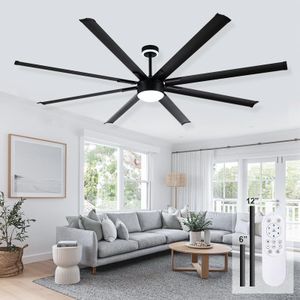 Kayleik 84 Inch Industrial Ceiling Fan - Black Big Ceiling Fans with Lights, Large Ceiling Fan with Night Light, 6-Speed Remote Control, Outdoor Commercial Ceiling Fan for Living Room/Garage/Shop