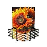 Coasters for Drinks Absorbent Ceramic Coasters Set of 6 Orange Sunflower Wallpaper Print Coasters with Holder Coffee Coaster for Home Kitchen Office