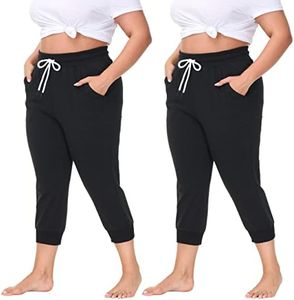 SPECIALMAGIC Women's Sweatpants Cropped Jogger French Terry Running Pants Lounge Loose Fit Drawstring Waist with Side Pockets Black+ Black XL