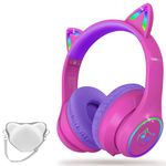 LOBKIN Bluetooth 5.3 Kids Headphones with Case - RGB LED Light Up Cat Ears Foldable Adjustable over ear headphone Support Wireless or 3.5mm Wired Mode for Toddler & Girls & Boys Teens