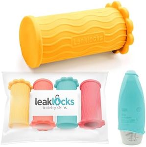 LeakLocks® Toiletry Skins™ Elastic Sleeve for Leak Proofing Travel Container in Luggage. For Standard and Travel Sized Toiletries. Reusable Accessory for Travel Bag Suitcase and Carry-on Luggage