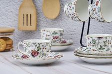 GOLDEN QUEEN'S Cup & Saucer Set | Perfect for Hosting & for Tea/Coffee Lovers | Handcrafted in India, Inspired by Florals & 24-Carat Gold Rim | 6 Cups & 6 Saucers |170 ml - Pink Shrub