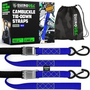Rhino USA Motorcycle Tie Down Straps (2 Pack) Lab Tested 3,328lb Break Strength, Steel Cambuckle Tiedown Set with Integrated Soft Loops - Better Than a Ratchet Strap (Blue 2-Pack)
