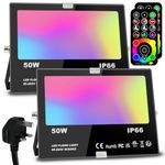 Jayool LED Floodlight Outdoor 50W 5000LM, Flood Lights Colour Changing, 120 RGB Colours- Warm White-Timing-Remote Control - 5 Modes, IP66 Waterproof, UK 3-Plug (2 Pack)