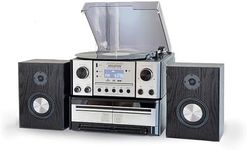 Steepletone HOUSTON Silver 6 in 1 Music Centre, Bluetooth Vinyl Record Player, Turntable with CD, Cassette, DAB+ / FM Radio, USB MP3 playback & Encoding, Remote Control, WIRELESS Stereo Speakers