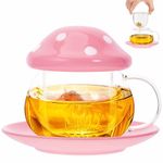 TUHNHGD Mushroom Mug, Mushroom Cup, Tea Cup with Infuser, Glass Coffee Cups, with Coaster. Cup Lid. Tea Strainer, 290ml (Pink)