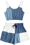 GORGLITTER Women's 2pcs Colorblock Patchwork Outfits Crop Tank Top Drawstring Waist Flap Pocket Side Shorts Set Blue and White X-Small