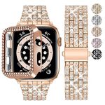 Fullmos Bling Diamond Rhinestone Strap for Apple Watch 40mm with Case, Women Girls Bracelet Stainless Steel Strap Replacement Band for iWatch SE2 SE & Series 6 5 4 - Rose Gold