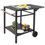 VEVOR Outdoor Grill Dining Cart with Double-Shelf, BBQ Movable Food Prep Table, Multifunctional Foldable Iron Table Top, Portable Modular Carts for Pizza Oven, Worktable with 2 Wheels, Carry Handle