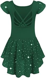 Arshiner Girls Shiny Ruffle Sleeve Ballet Leotard with Skirt Criss-Cross Back Dance Dresses Dark Green for 10-11 Years