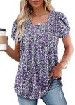 KISSMODA Womens Flowy Tunic Tops Summer Pleated Dressy Casual Crew Neck Short Sleeve Blouses for Women Ruched Loose-Lilac Purple-XXL