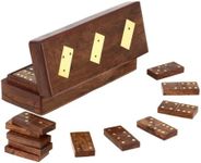 Ajuny Wooden Domino Game Set with Brass Inlay Classic Storage Box Numbers Table Handcrafted Dominoes Game for Kids Adults Family Outdoor Indoor Lawn Yard Games 8x3 Inch