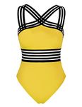 Hilor Women's One Piece Swimwear Front Crossover Swimsuits Hollow Bathing Suits Monokinis Yellow M/US8-10