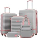 COOLIFE Suitcase Set, 5 Piece Luggage Sets with Travel Backpack and Toiletry Bag for Family Travel, TSA Lock 360° Spinner Wheels (Pink/Grey, 5 Piece Set)