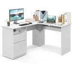 Tangkula L-Shaped Desk with 2 Storage Drawers, 59” Corner Computer Desk with File Drawer & Open Shelf, Computer Workstation with 2 Cable Management Holes, Space-Saving Executive Office Desk (White)