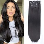 Xtrend 24 Inch Straight Clip in Hair Extensions 4Pcs 11Clips Straight Thick Full Head Double Weft Clip on Synthetic Hair Extension Hairpieces for Women Daily Use 1B#