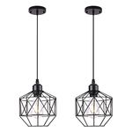 Black Pendant Light, Industrial Vintage Farmhouse Pendant Lighting Fixtures with Adjustable Cord, Retro Cage Metal Hanging Lamp for Kitchen Island Bedroom Dining Room, by CADELON (2 Pack)