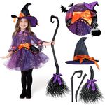 Child Girl Orange Purple Witch costume with Broom for Girls Halloween Dress Up (Small (5-7 yr))