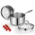 Tri-Ply Stainless Steel Sauce Pan with Steamer Basket & Straining Glass Lid — Heavy-Duty, Thick Base,Rust-Resistant,Warp-Free —100% Food-Grade —Built to Last– Works with All Stovetops, Pasta Pot 2 QT