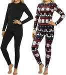 ViCherub 2 Sets Womens Thermal Underwear Set Long John Fleece Lined Top Bottom Base Layer, Black+christmas, Small