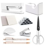 White Office Supplies, Shellvcase White Desk Accessories, Stapler and Tape Dispenser Set for Women with Stapler, Tape Dispenser, Staple Remover, Staples, Clips, Scissor and Pens for Students