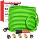 YAMATIC Super Flexible Pressure Washer Hose 50FT for Power Washer Replacement, Kink Resistant Extension With Leak-Free M22 Female & 3/8" Quick Connect Adapters, 1/4" 3200 PSI, Green