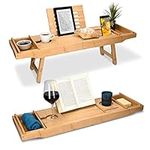 Navaris Bed and Bath Tray - Wooden Rack with Folding Legs - Bamboo Bathtub Caddy Bridge Shelf with Book or Tablet Stand - Natural Brown