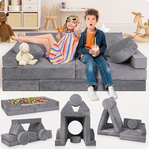 Lunix LX15 14pcs Modular Kids Play Couch, Design-Patent Child Sectional Sofa, Fort-Play Bedroom Playroom Furniture for Toddlers, Convertible Foam, Washable Covers, OEKO-TEX & CertiPUR-US, Granite Gray