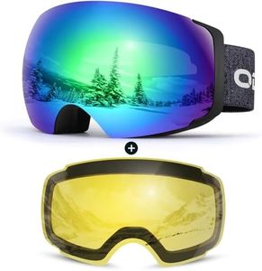 Odoland Magnetic Interchangeable Ski Goggles with 2 Lens, Large Spherical Frameless Snow Snowboard Goggles for Men Women,Black frame green lens