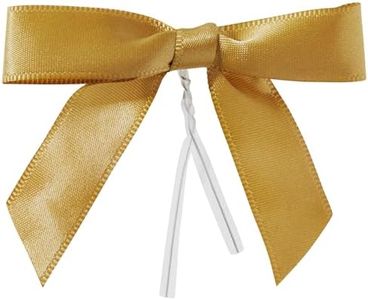 100-Pack Twist Tie Bows for Crafts, Pre-Tied Satin Ribbon for Christmas Gift Wrap Bags, Party Favors, Baked Goods, Cookies, Mini Bowties for Hair Decorations (2.5x3 in, Metallic Gold)