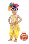 Raj Costume Fabric Fancy Dresses Shri Krishna Dress For Baby Boy & Girl, Janmashtmi Dress With Diaper-Friendly Dhoti & Dupatta, Mor Pankh Mukut,Saksham Special Pagrii 1 Year