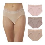 Maidenform Women's Microfiber Underwear, Mid-Rise Bikini Panties, 3-Pack, Almond Lace/Evening Blush Lace/Pretty Blush Lace, Large