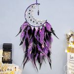 Dremisland Moon Dream Catcher with Fairy Lights Handmade Colorful Feather Lucky Turquoise Pendant Wall Hanging Ornament for Kids Home Bedroom Wall Decoration Craft Gift (Purple&black)