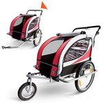 SAMAX Children Bike Trailer 2in1 Kids Jogger Stroller with Suspension 360° rotatable Childs Bicycle Trailer Transport Buggy Carrier for 2 Kids in Red - Silver Frame