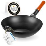 YOSUKATA Carbon Steel Wok Pan - 13,5 “ / 34 cm Woks and Stir Fry Pans - Chinese Wok with Flat Bottom Wok - Traditional Chinese Japanese Woks - Black Steel Wok