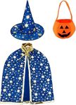 SVNFOXX Wizard Cape Witch Cloak With Hat, Pumpkin Candy Bag, Halloween Costume Props for Kids Cosplay Party (3-10 Years, Blue)