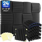 Focusound 24 Pack Curved Acoustic Foam Panels 3" x 12" x 12" Sound Proof Foam Panels Soundproofing Noise Cancelling Wedge Panels for Home Office Recoding Studio with 330 PCS Double-Side Adhesive